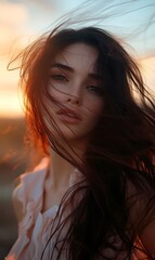 Poster - Woman with long brown hair blowing in wind at sunset portrait