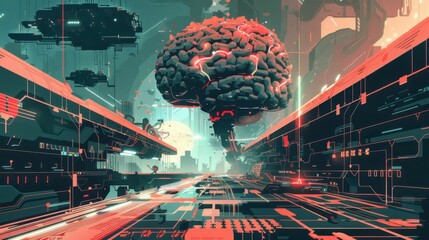 Wall Mural - A futuristic cityscape with a large brain in the middle