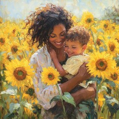 Canvas Print - A joyful mother and child in a sunflower field.