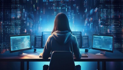 A focused individual navigating multiple screens, surrounded by digital data in a vibrant, tech-driven environment.