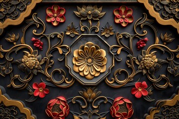 Decorative traditional Chinese ornament featuring intricate floral patterns and vibrant colors set against a dark background