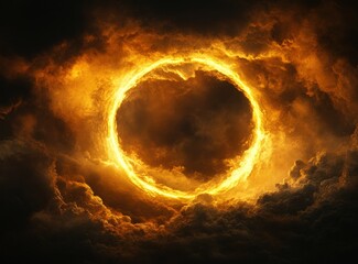 Wall Mural - A fiery ring of light floats in a dark, cloudy sky.