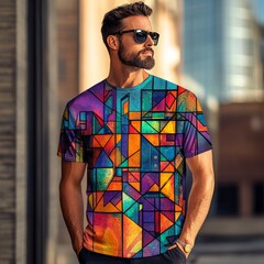 A man in a colorful geometric-patterned shirt outdoors.