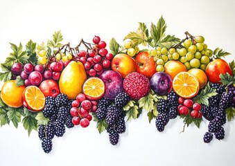 Wall Mural - Oil painting depicting an assortment of delicious fruits and berries cascading against a white backdrop showcasing vibrant colors and natural beauty