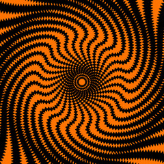 Poster - Psychedelic hypnotic spiral pattern for Halloween background, vector hypnosis swirl vortex. Hypnotic spiral circles of vertigo illusion twirls in black orange psychedelic pattern for Halloween holiday