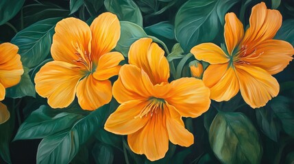 Wall Mural - Close up oil painting of vibrant yellow tomato flowers in full bloom surrounded by lush green leaves ideal for prints posters screensavers and wallpapers