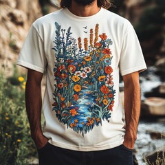 A man wearing a floral graphic t-shirt by a stream.