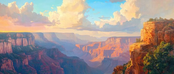 Wall Mural - Oil painting depicting a majestic canyon landscape with vibrant colors and dramatic cliffs