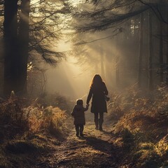 Poster - A mother and child walking through a misty forest path.