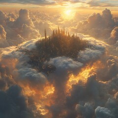 Poster - A mystical city floating among clouds at sunset.