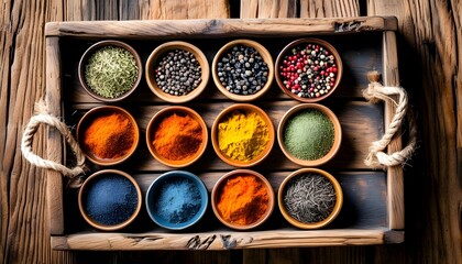 Wall Mural - Vibrant array of spices elegantly arranged in rustic bowls atop a weathered wooden tray, captured from above