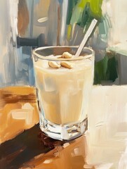 Oil painting depicting a glass of cashew juice with a straw