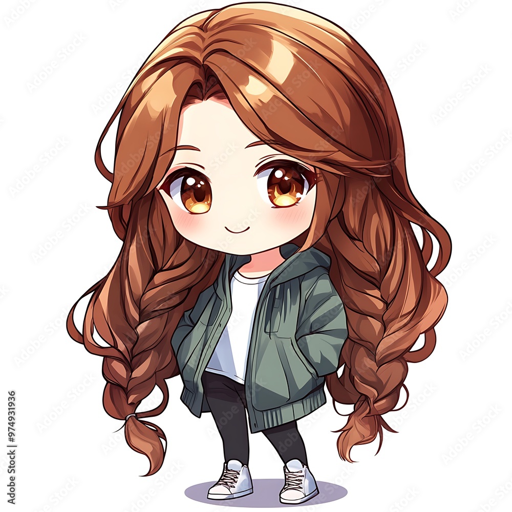 Cute anime girl chibi character with long brown hair in braids, wearing ...