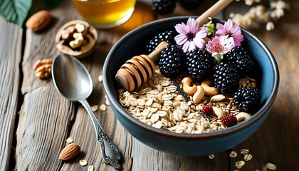 Nutritious oatmeal bowl topped with blackberries, assorted nuts, floral garnishes, and a honey dipper on a rustic wooden table