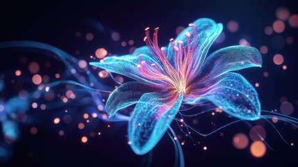 Wall Mural - An abstract flower intertwined with neon blue lines, set against a dark background with subtle bokeh lights to symbolize the future of IT and technology