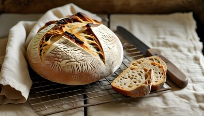 Poster - Artisanal sourdough bread cooling on rustic surface, accompanied by knife and linen cloth, showcasing a heartwarming baking scene