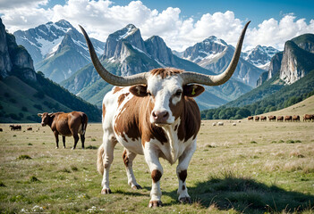 A large brown and white longhorn cow standing in a grassy field with mountains in the background