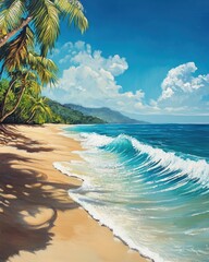 Oil painting depicting a serene beach scene showcasing the beauty of a famous coastal destination with vibrant colors and tranquil waves