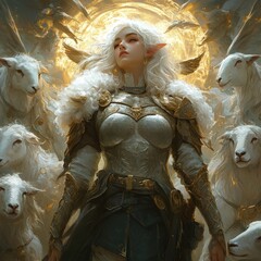 Sticker - A mystical warrior surrounded by sheep and light.