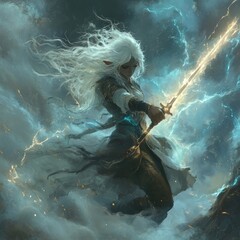 Wall Mural - A mystical warrior wielding a glowing sword in a storm.