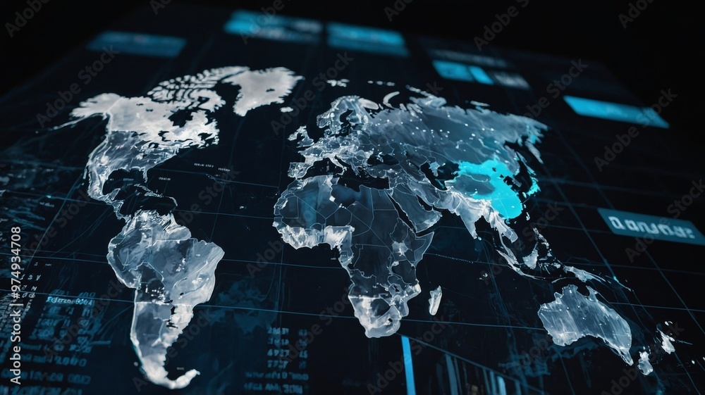 Futuristic Digital World Map with Data Visualization Highlighting ...