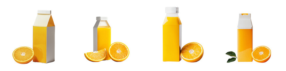 set of A carton of orange juice with orange slices next to it, orange juice carton, box, juice box, sliced ​​orange, orange juice box, orange slice presentation, on a transparent backgrounds