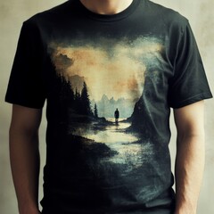 Poster - A person stands in a serene, artistic landscape on a shirt.