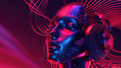 Wall Mural - Abstract Cyborg Face with Digital Audio Visualizer in Neon Colors