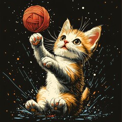 Sticker - A playful kitten reaching for a ball of yarn.