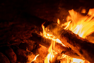 Poster - The campfire crackles and glows brightly at night, casting flickering light on nearby rocks and logs