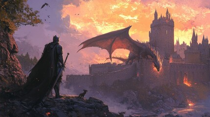 Poster - A lone knight stands before a dragon guarding a burning castle