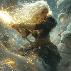 Wall Mural - A powerful figure wielding light amidst a snowy landscape.