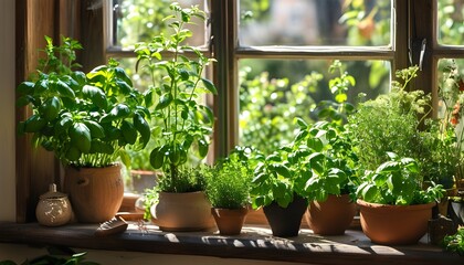 Wall Mural - Sunny indoor herb garden featuring fresh basil, thyme, and various plants thriving on a bright windowsill