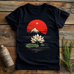 Poster - A serene design featuring a lotus and mountain at sunset.