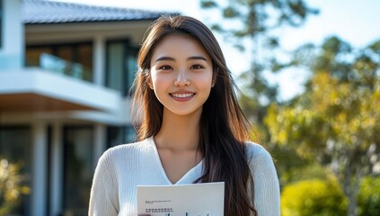 A young woman with a friendly smile stands in front of a modern house, holding a brochure in her hand.