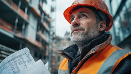 Wall Mural - A construction worker wearing a hard hat and safety vest, holding blueprints, looking up at a new building under construction.