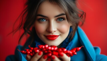 A woman holds a red object and wears a blue coat with a red background, showing a cheerful atmosphere.