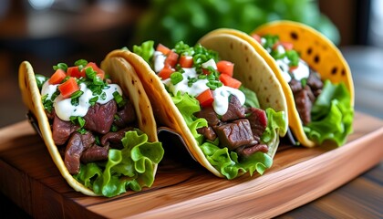 Mouthwatering close-up of beef tacos topped with fresh lettuce, creamy cheese, and sour cream on a rustic wooden board