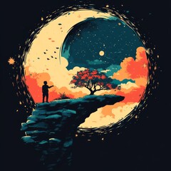 Sticker - A serene landscape with a figure under a cosmic sky.