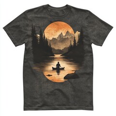 Sticker - A serene landscape with a figure in a canoe at sunset.