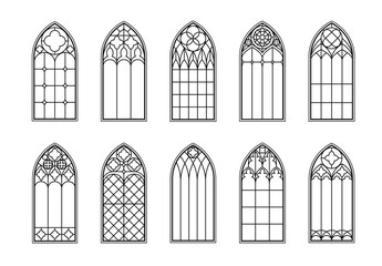 medieval gothic church glass arch windows. catholic temple or castle arched stained glasses. isolate