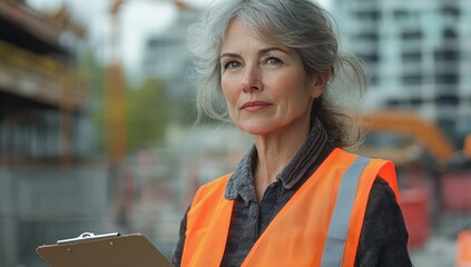 Wall Mural - A woman in a safety vest and holding a clipboard stands in front of a construction site.