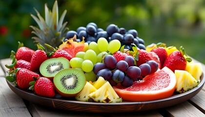 Wall Mural - Vibrant fruit platter featuring strawberries, kiwi, grapefruit, and pineapple on a rustic outdoor wooden table