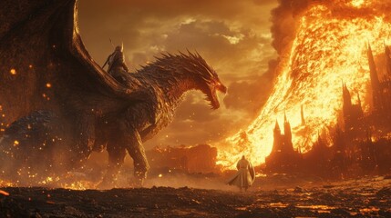 Poster - A Dragon Rider Confronting a Burning City