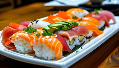 Wall Mural - Vibrant sushi cube medley featuring avocado, tuna, salmon, rice, and scallions served on a pristine white plate in a chic restaurant setting