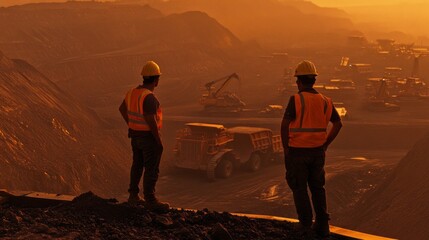 Two mining engineers in hard hats looking at an open pit mine, Two engineer looking at open-pit mine.