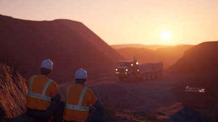 Two mining engineers in hard hats looking at an open pit mine, Two engineer looking at open-pit mine.