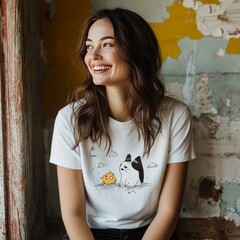 Wall Mural - A smiling woman wearing a graphic tee with animals.