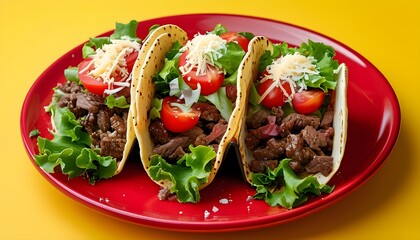 Vibrant hard shell tacos filled with ground beef, fresh lettuce, juicy tomato, and melted cheese on a striking red plate against a sunny yellow backdrop