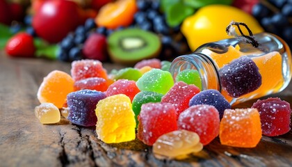 Wall Mural - Vibrant gummy candies cascading from a bottle on a rustic wooden table surrounded by a variety of fresh fruits